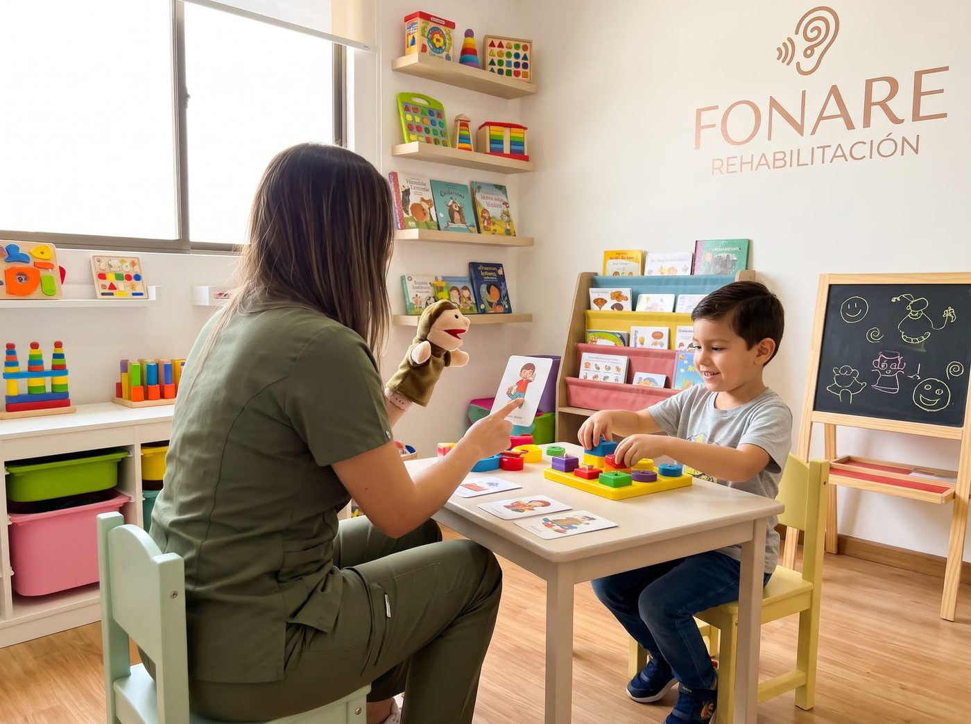 Sesión de terapia de lenguaje con un niño en el consultorio de Fonare